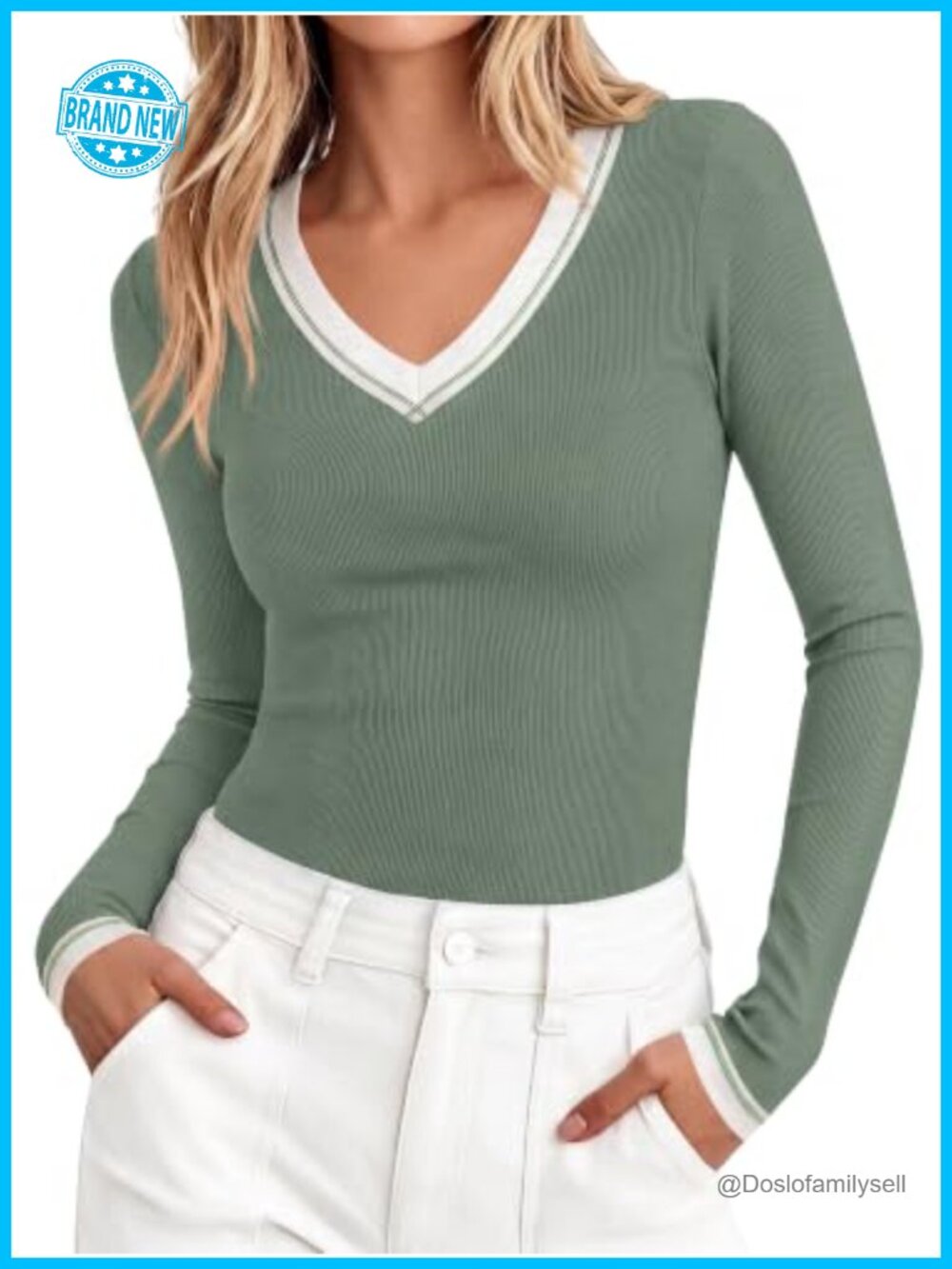 Women's Slim Fit V Neck Long Sleeve Ribbed Knit T-Shirt
